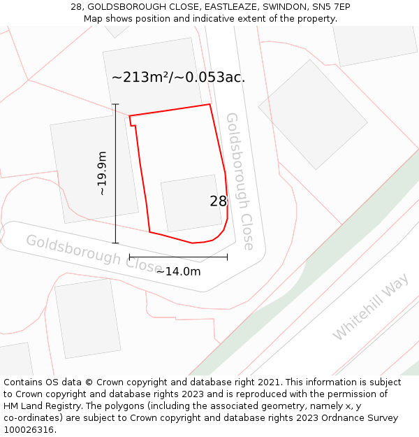 28, GOLDSBOROUGH CLOSE, EASTLEAZE, SWINDON, SN5 7EP: Plot and title map