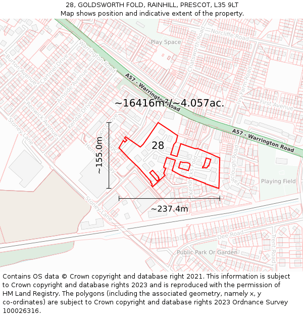 28, GOLDSWORTH FOLD, RAINHILL, PRESCOT, L35 9LT: Plot and title map