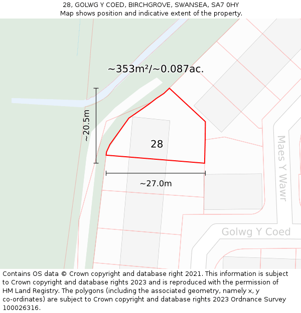 28, GOLWG Y COED, BIRCHGROVE, SWANSEA, SA7 0HY: Plot and title map