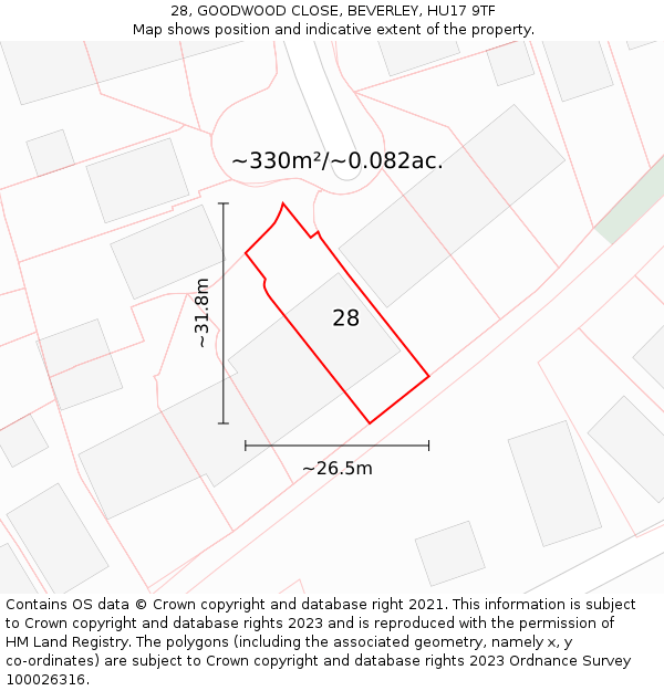 28, GOODWOOD CLOSE, BEVERLEY, HU17 9TF: Plot and title map