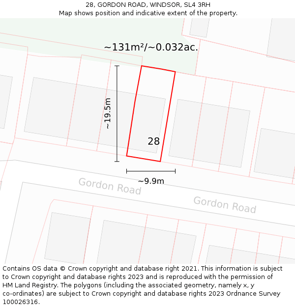28, GORDON ROAD, WINDSOR, SL4 3RH: Plot and title map