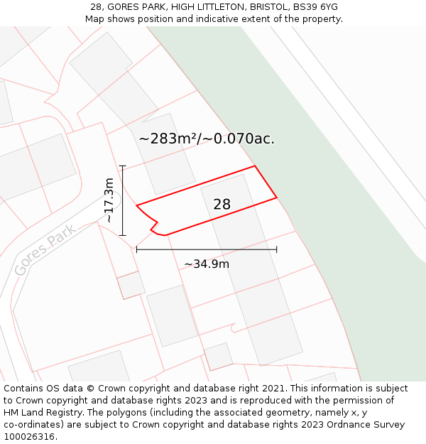 28, GORES PARK, HIGH LITTLETON, BRISTOL, BS39 6YG: Plot and title map