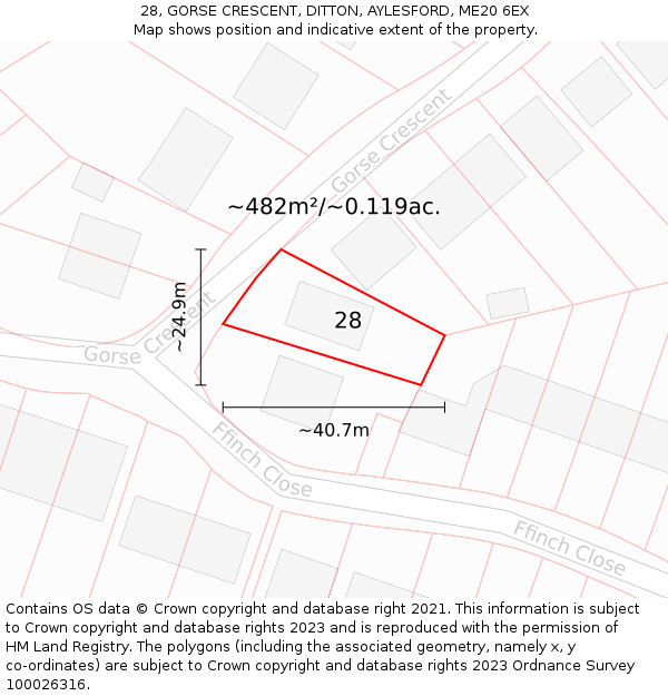 28, GORSE CRESCENT, DITTON, AYLESFORD, ME20 6EX: Plot and title map