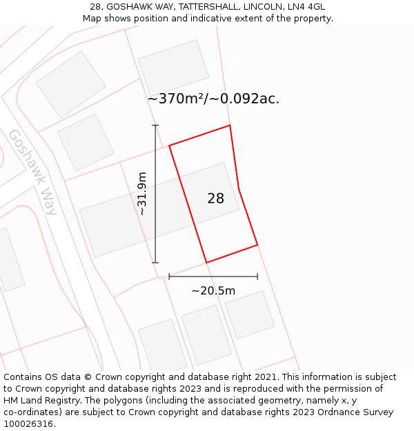 28, GOSHAWK WAY, TATTERSHALL, LINCOLN, LN4 4GL: Plot and title map