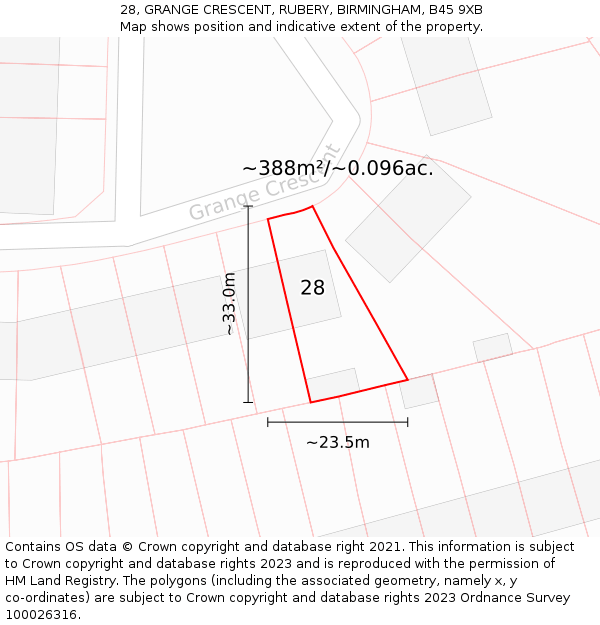 28, GRANGE CRESCENT, RUBERY, BIRMINGHAM, B45 9XB: Plot and title map