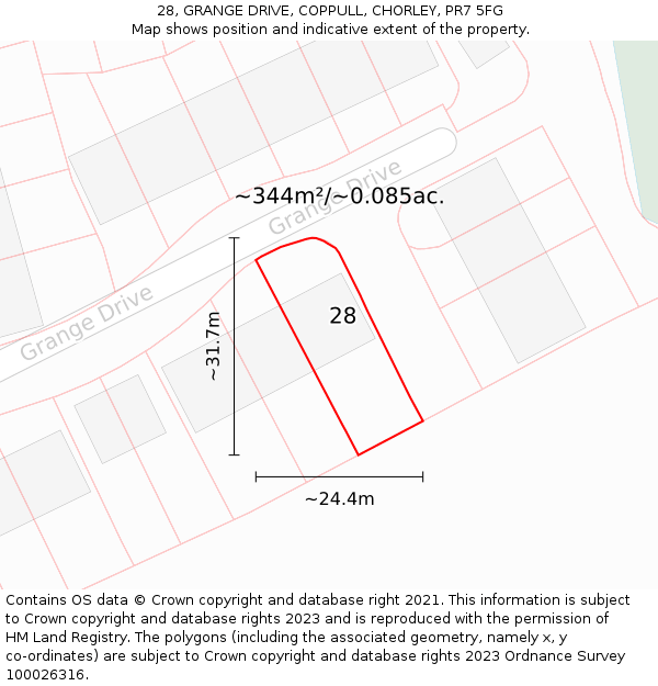 28, GRANGE DRIVE, COPPULL, CHORLEY, PR7 5FG: Plot and title map