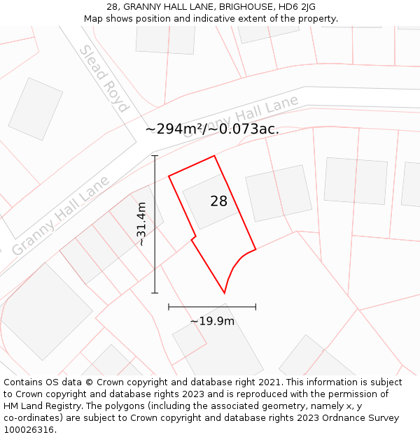 28, GRANNY HALL LANE, BRIGHOUSE, HD6 2JG: Plot and title map
