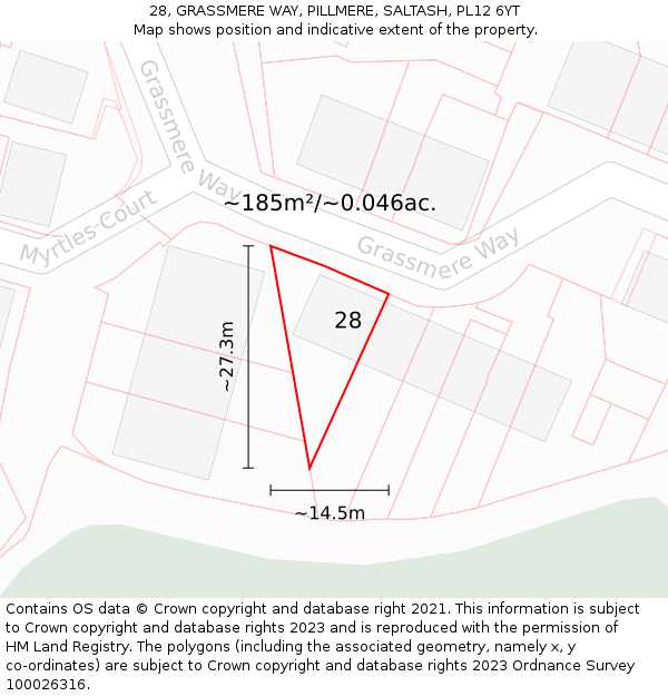 28, GRASSMERE WAY, PILLMERE, SALTASH, PL12 6YT: Plot and title map