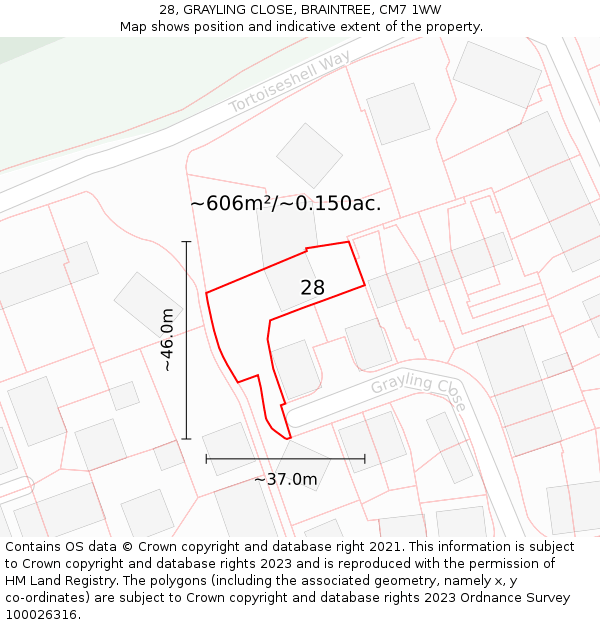 28, GRAYLING CLOSE, BRAINTREE, CM7 1WW: Plot and title map