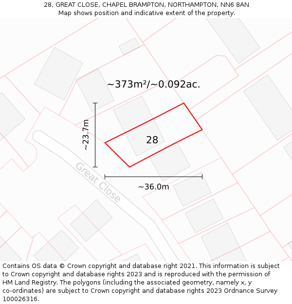 28, GREAT CLOSE, CHAPEL BRAMPTON, NORTHAMPTON, NN6 8AN: Plot and title map