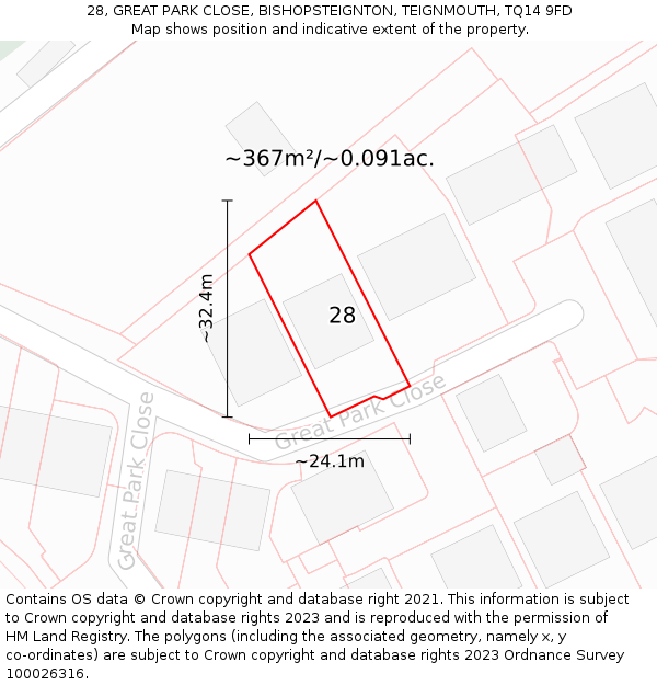 28, GREAT PARK CLOSE, BISHOPSTEIGNTON, TEIGNMOUTH, TQ14 9FD: Plot and title map