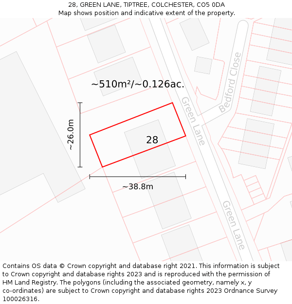 28, GREEN LANE, TIPTREE, COLCHESTER, CO5 0DA: Plot and title map