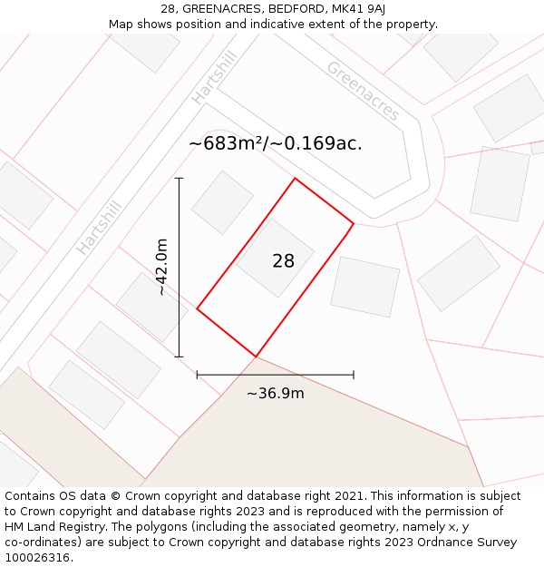 28, GREENACRES, BEDFORD, MK41 9AJ: Plot and title map