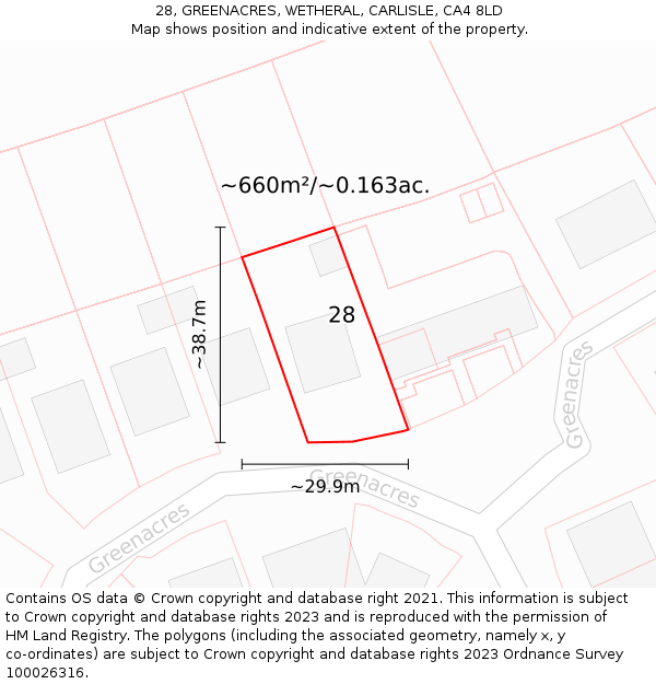 28, GREENACRES, WETHERAL, CARLISLE, CA4 8LD: Plot and title map