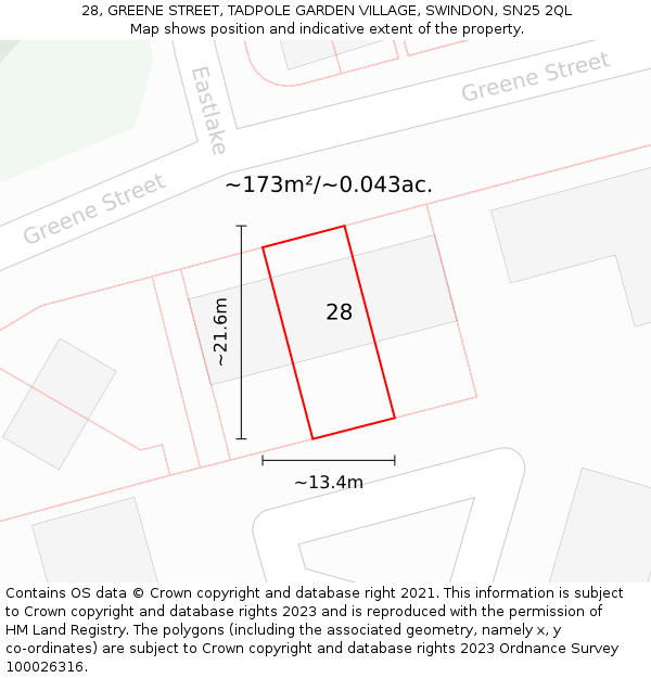 28, GREENE STREET, TADPOLE GARDEN VILLAGE, SWINDON, SN25 2QL: Plot and title map