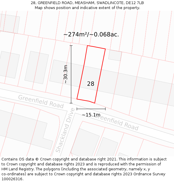 28, GREENFIELD ROAD, MEASHAM, SWADLINCOTE, DE12 7LB: Plot and title map