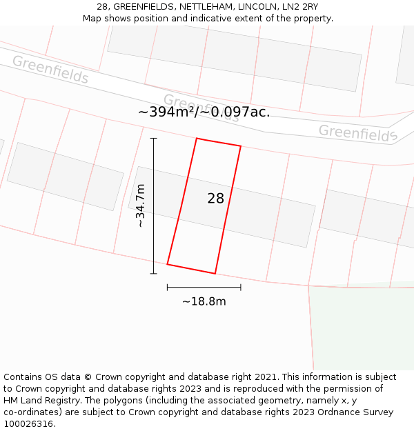 28, GREENFIELDS, NETTLEHAM, LINCOLN, LN2 2RY: Plot and title map
