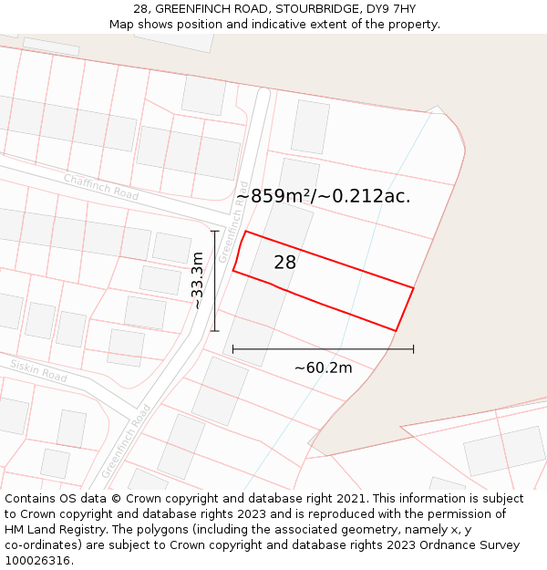 28, GREENFINCH ROAD, STOURBRIDGE, DY9 7HY: Plot and title map