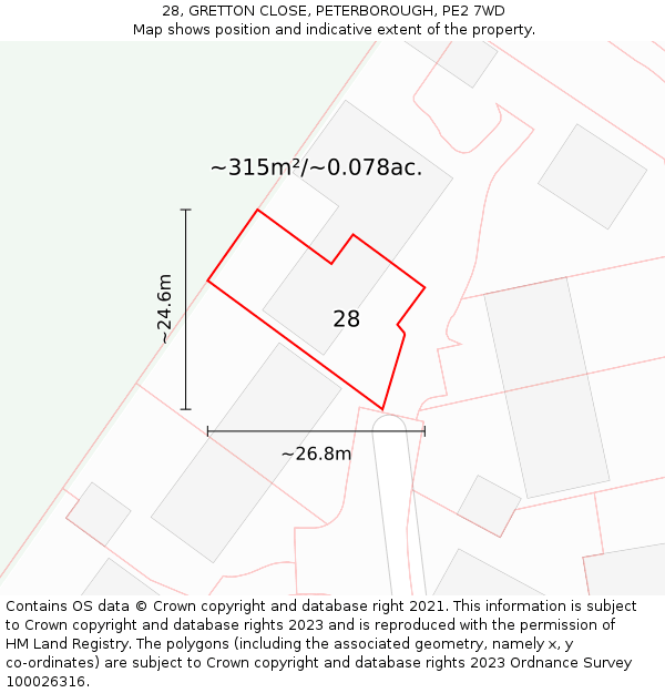28, GRETTON CLOSE, PETERBOROUGH, PE2 7WD: Plot and title map