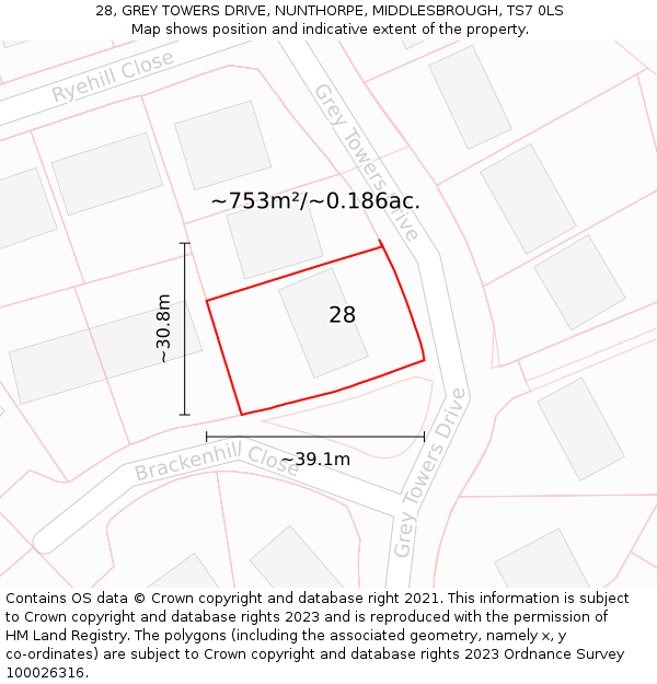 28, GREY TOWERS DRIVE, NUNTHORPE, MIDDLESBROUGH, TS7 0LS: Plot and title map