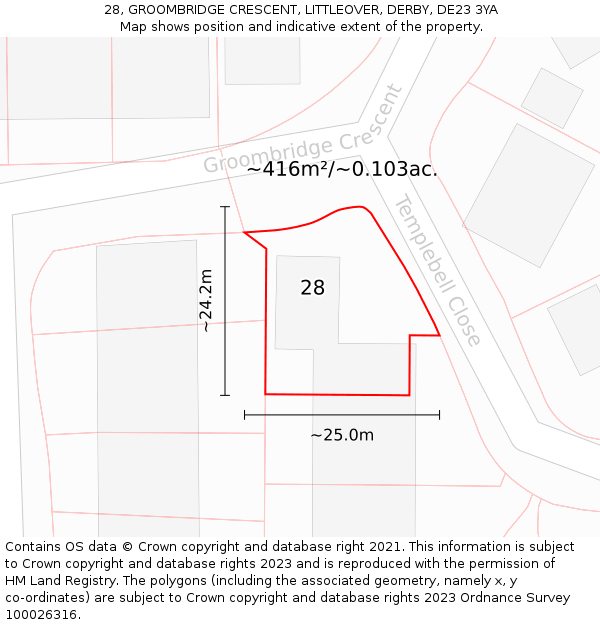 28, GROOMBRIDGE CRESCENT, LITTLEOVER, DERBY, DE23 3YA: Plot and title map
