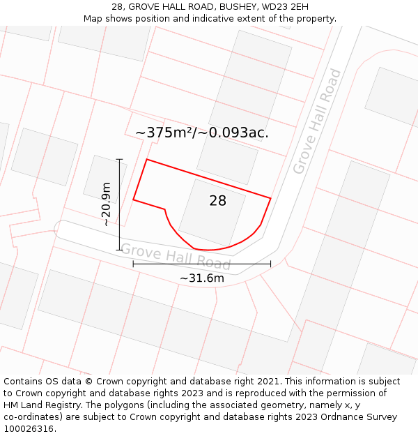 28, GROVE HALL ROAD, BUSHEY, WD23 2EH: Plot and title map