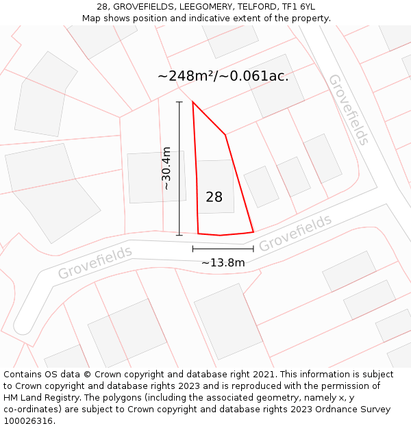 28, GROVEFIELDS, LEEGOMERY, TELFORD, TF1 6YL: Plot and title map