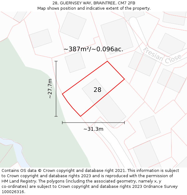 28, GUERNSEY WAY, BRAINTREE, CM7 2FB: Plot and title map