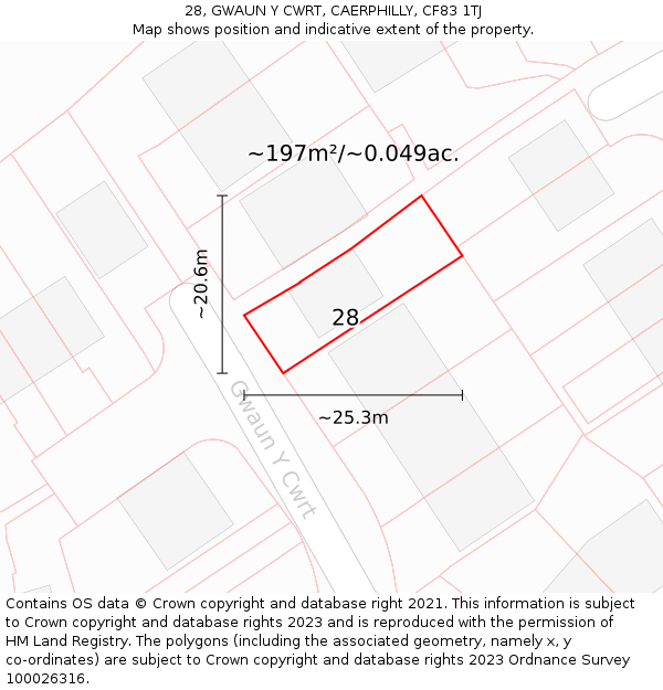 28, GWAUN Y CWRT, CAERPHILLY, CF83 1TJ: Plot and title map