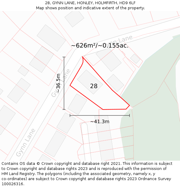 28, GYNN LANE, HONLEY, HOLMFIRTH, HD9 6LF: Plot and title map