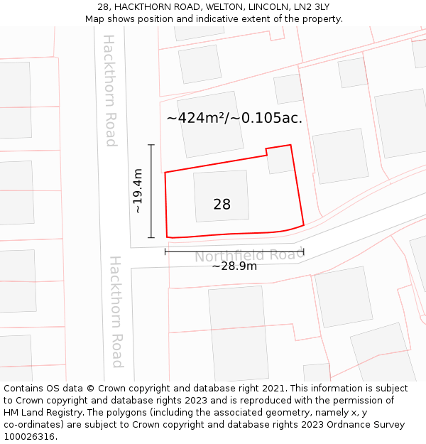 28, HACKTHORN ROAD, WELTON, LINCOLN, LN2 3LY: Plot and title map