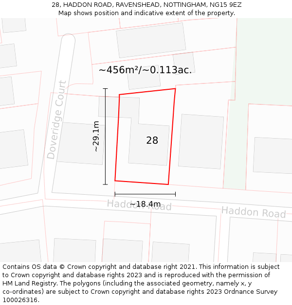 28, HADDON ROAD, RAVENSHEAD, NOTTINGHAM, NG15 9EZ: Plot and title map