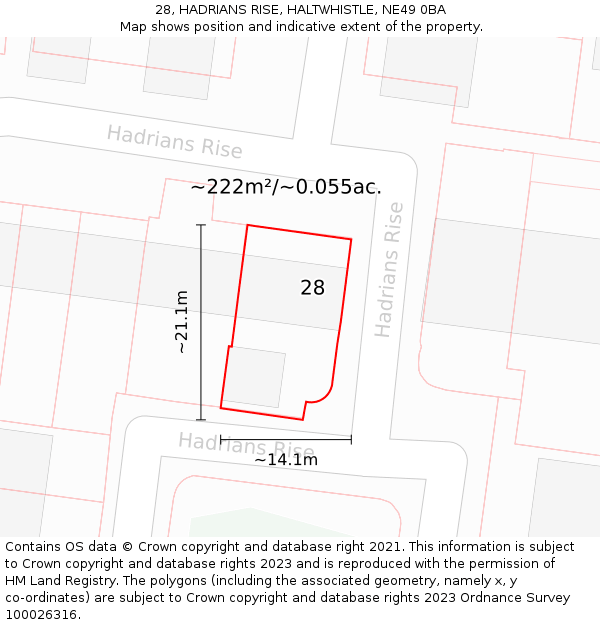 28, HADRIANS RISE, HALTWHISTLE, NE49 0BA: Plot and title map