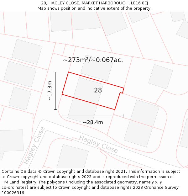 28, HAGLEY CLOSE, MARKET HARBOROUGH, LE16 8EJ: Plot and title map