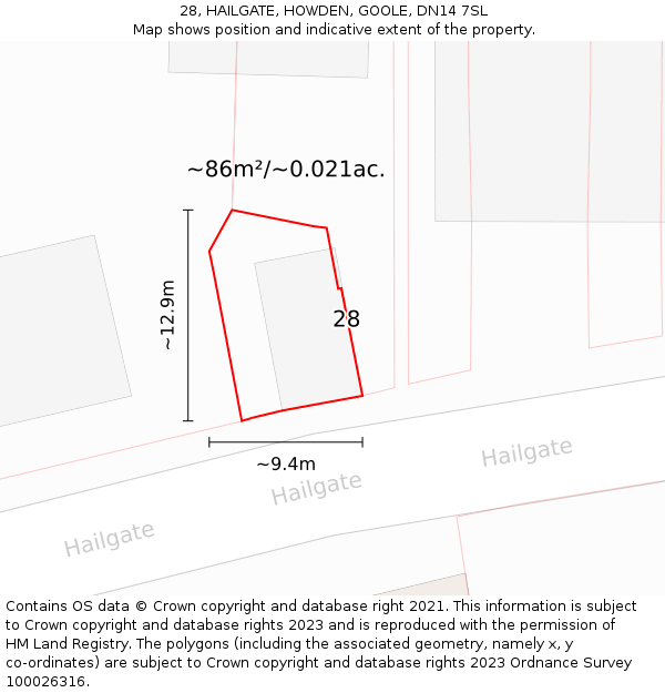 28, HAILGATE, HOWDEN, GOOLE, DN14 7SL: Plot and title map