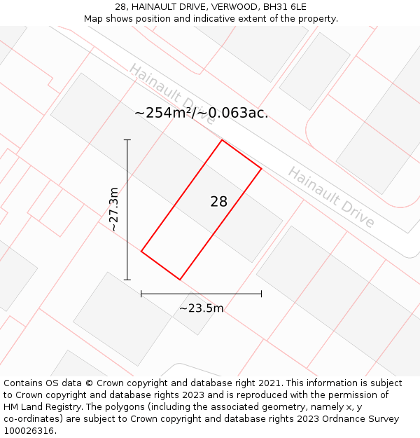 28, HAINAULT DRIVE, VERWOOD, BH31 6LE: Plot and title map