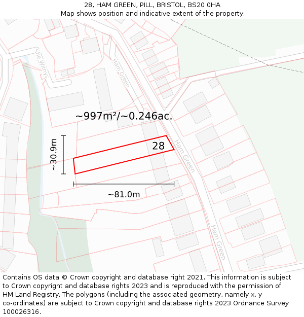 28, HAM GREEN, PILL, BRISTOL, BS20 0HA: Plot and title map