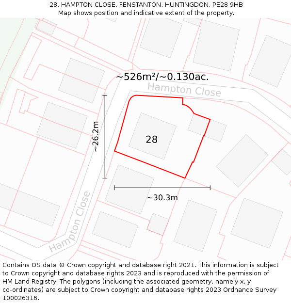 28, HAMPTON CLOSE, FENSTANTON, HUNTINGDON, PE28 9HB: Plot and title map