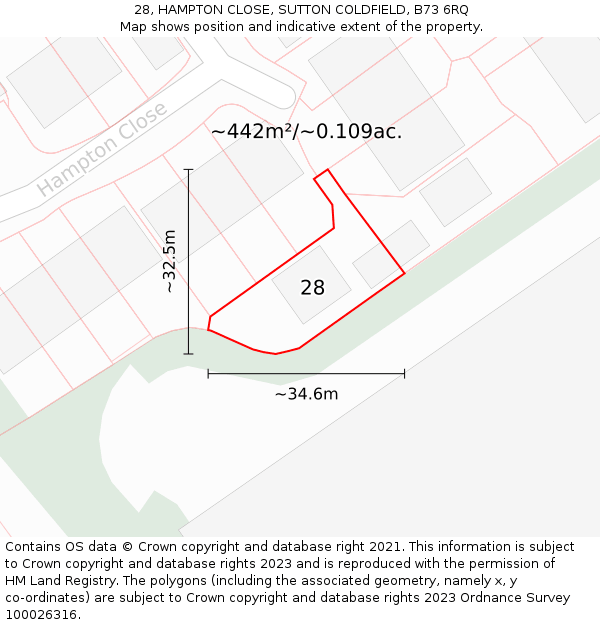 28, HAMPTON CLOSE, SUTTON COLDFIELD, B73 6RQ: Plot and title map