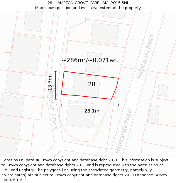 28, HAMPTON GROVE, FAREHAM, PO15 5NL: Plot and title map