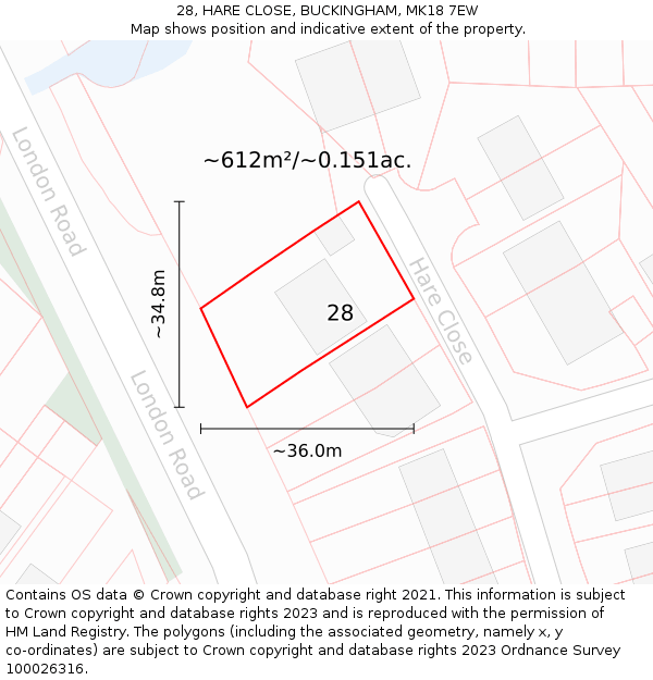 28, HARE CLOSE, BUCKINGHAM, MK18 7EW: Plot and title map