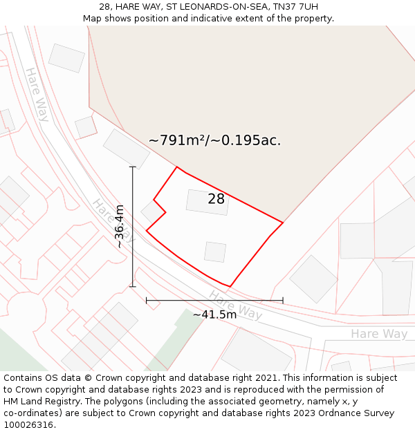 28, HARE WAY, ST LEONARDS-ON-SEA, TN37 7UH: Plot and title map
