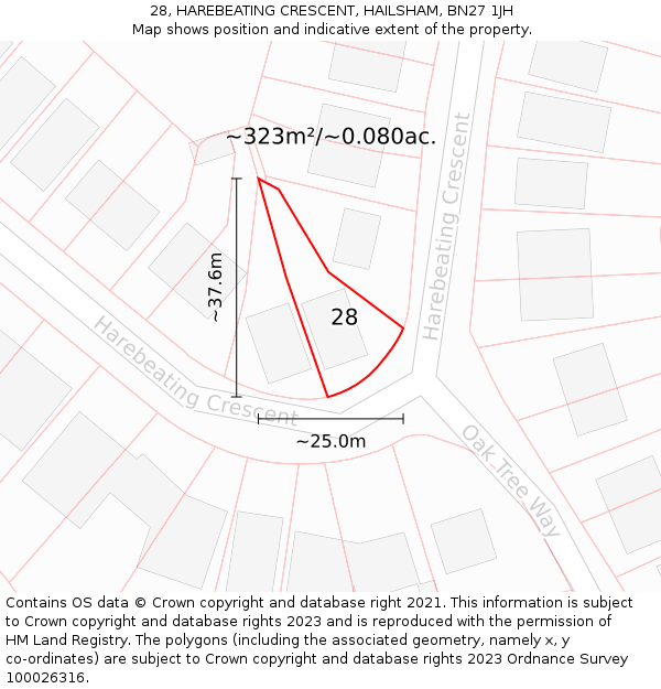 28, HAREBEATING CRESCENT, HAILSHAM, BN27 1JH: Plot and title map