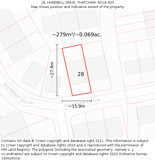 28, HAREBELL DRIVE, THATCHAM, RG18 4DX: Plot and title map