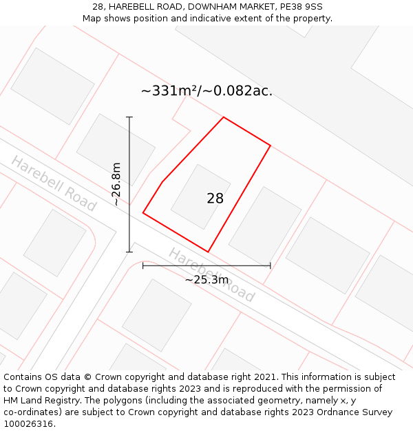 28, HAREBELL ROAD, DOWNHAM MARKET, PE38 9SS: Plot and title map