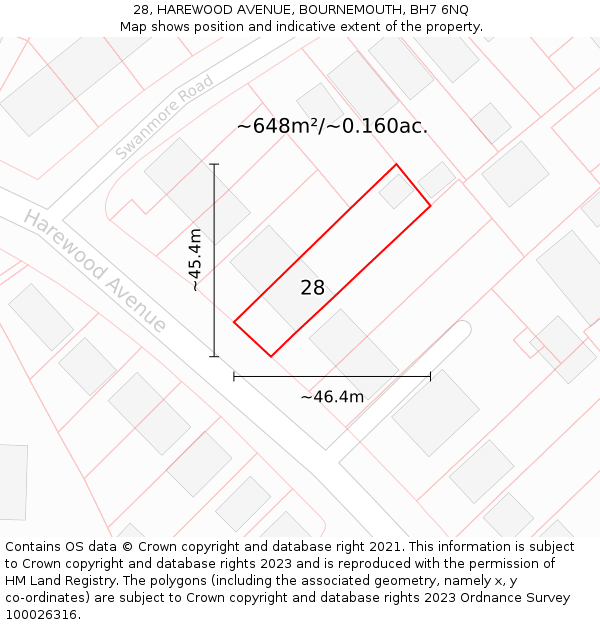 28, HAREWOOD AVENUE, BOURNEMOUTH, BH7 6NQ: Plot and title map