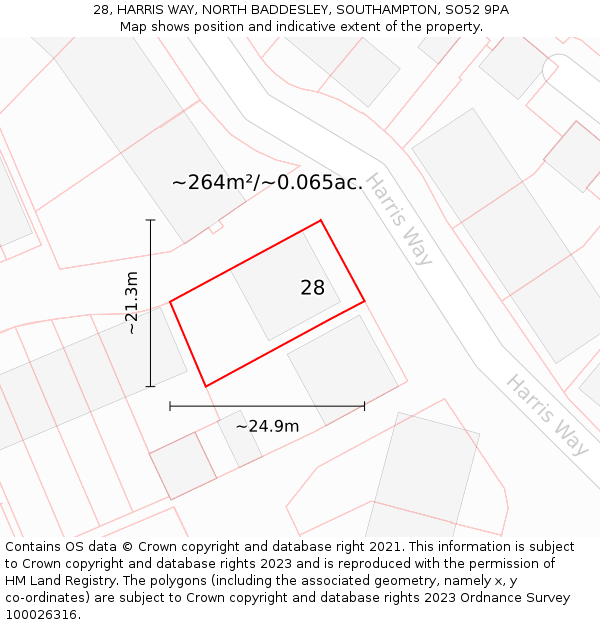 28, HARRIS WAY, NORTH BADDESLEY, SOUTHAMPTON, SO52 9PA: Plot and title map