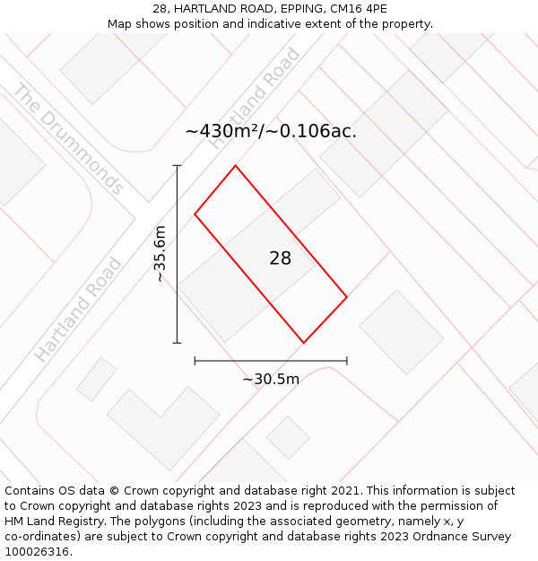 28, HARTLAND ROAD, EPPING, CM16 4PE: Plot and title map