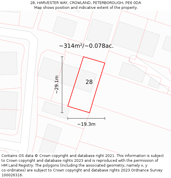 28, HARVESTER WAY, CROWLAND, PETERBOROUGH, PE6 0DA: Plot and title map