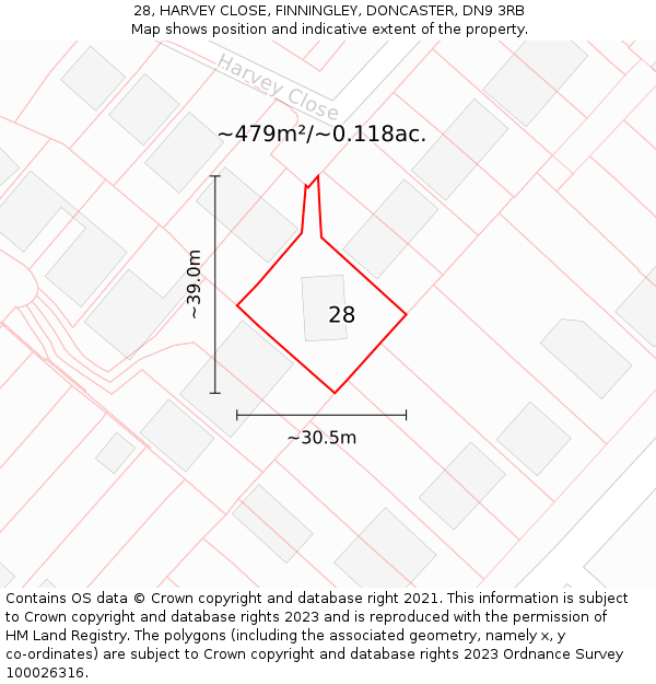 28, HARVEY CLOSE, FINNINGLEY, DONCASTER, DN9 3RB: Plot and title map